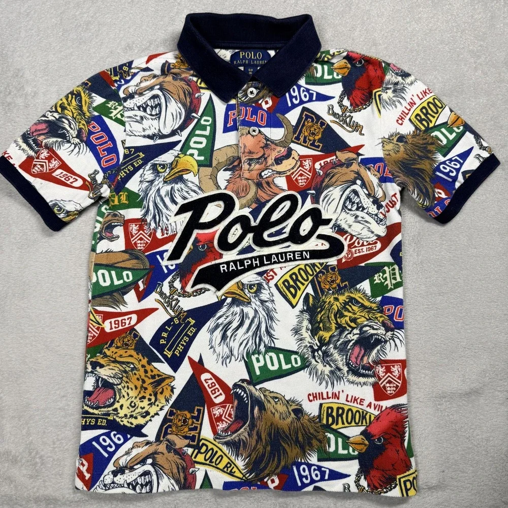 Polo Ralph Lauren Polo Shirt Boys 8 Multicolor All Over Print Chenille Logo - Picture 1 of 12